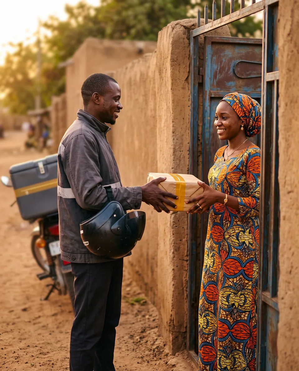 A dispatch rider handing a package to a woman at her gate