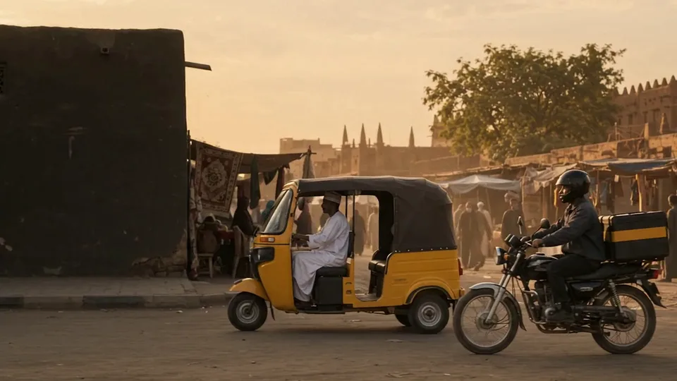 A keke napep and a dispatch rider passing a Kano market